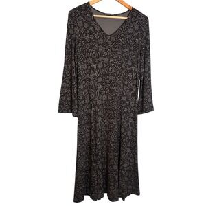 Gudrun Sjoden Black Grey Floral V Neck Midi Dress Size Medium Lagenlook Boho